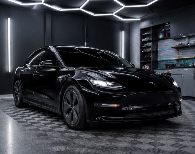Finished Tesla window tint in a professional installation bay