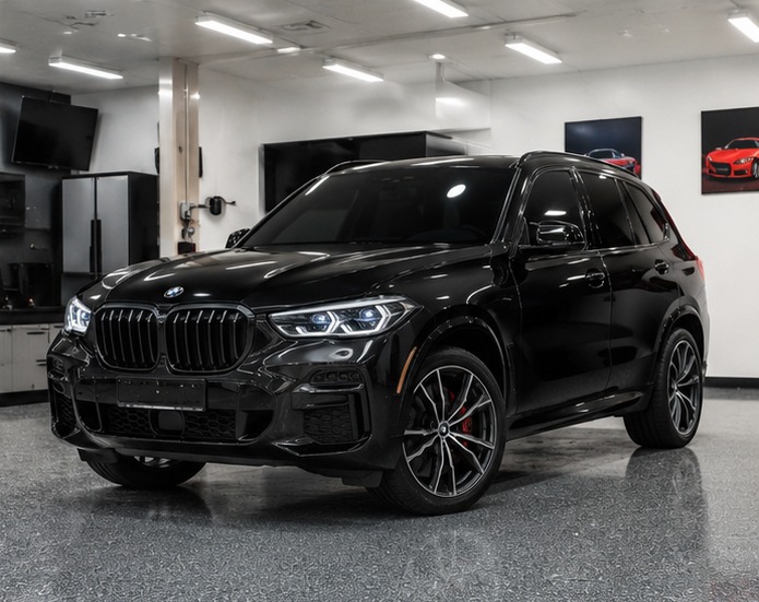 Luxury SUV with professionally tinted glass in a studio bay