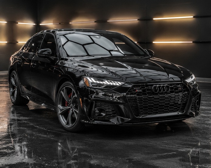 Studio-finished automotive window tint on a black performance sedan