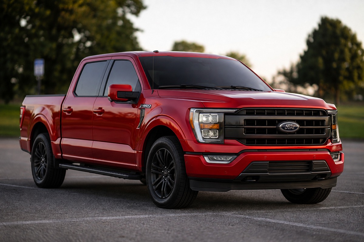 Red Ford F-150 with professionally tinted windows