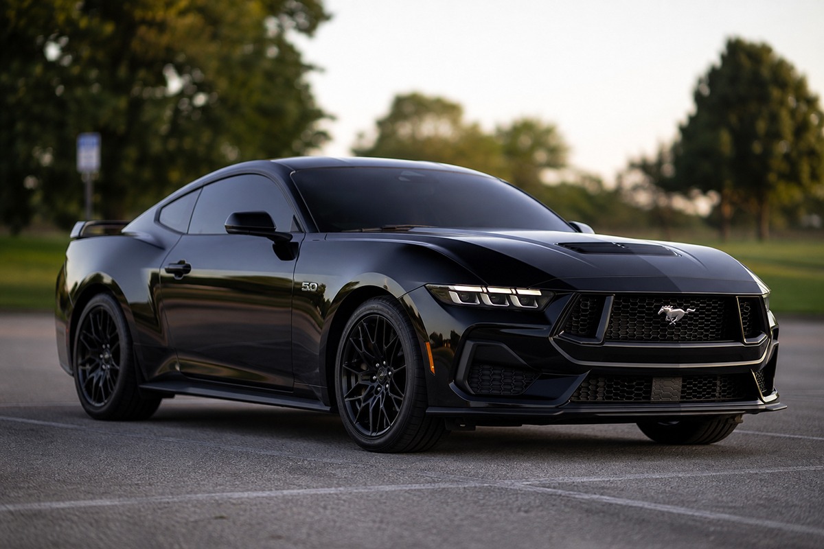 Black Ford Mustang GT with dark window tint