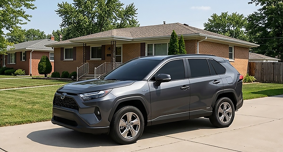 Dark gray Toyota RAV4 Hybrid with tinted windows