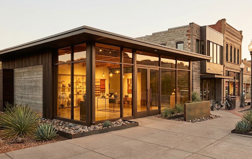 Modern storefront with floor-to-ceiling tinted glass at dusk