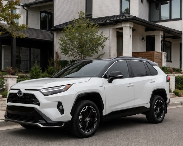 White hybrid SUV with dark window tint parked at a contemporary home