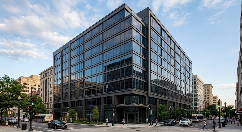 Commercial office building with a dark tinted glass façade