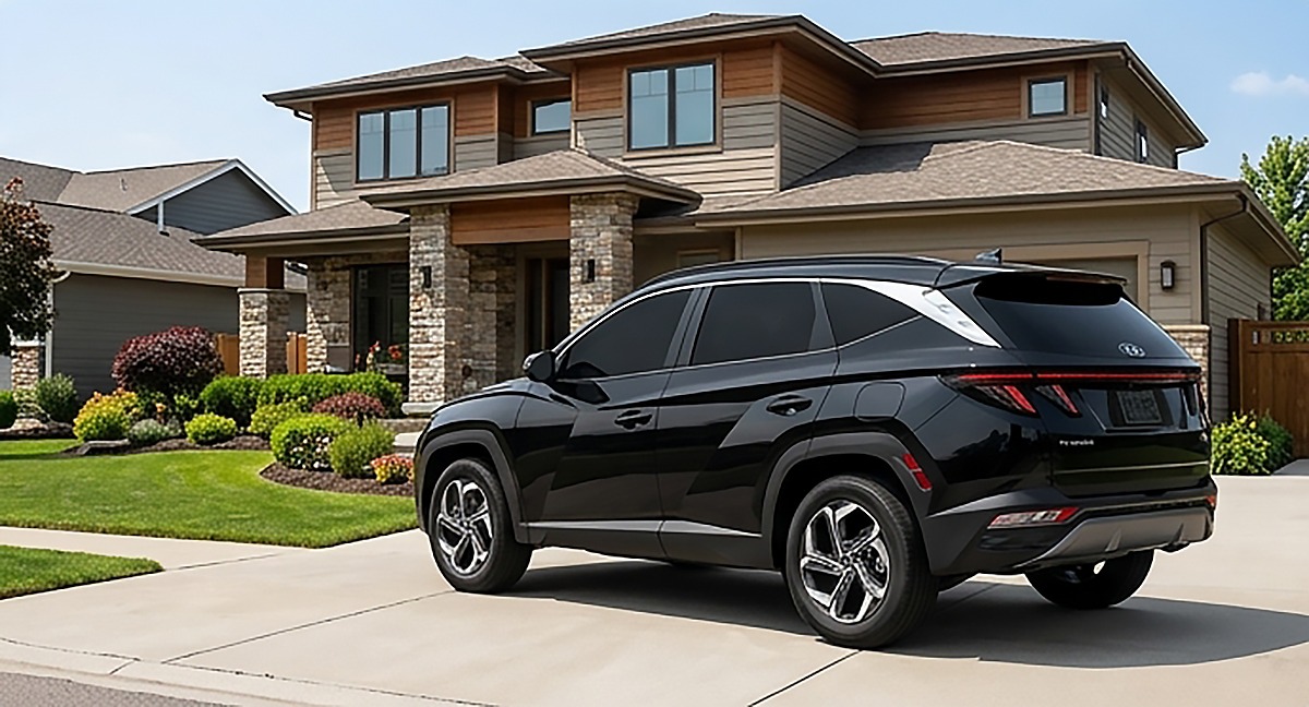Tinted SUV in the driveway of a modern suburban home